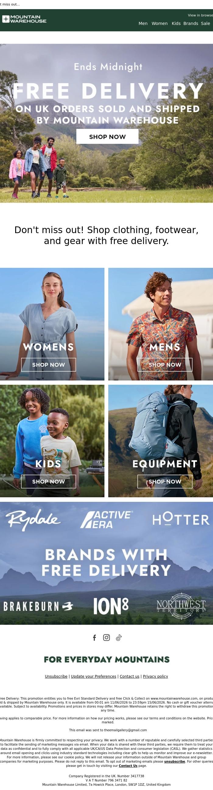 Email Design Inspiration from Mountain Warehouse, Last Chance For Free Delivery 🚚