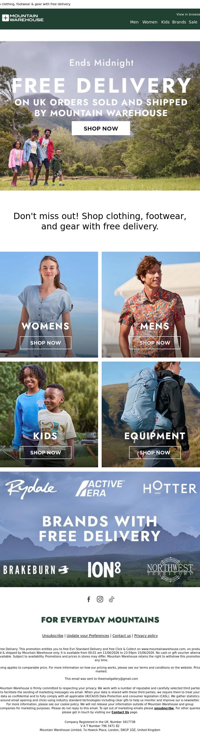 Email Design Inspiration from Mountain Warehouse, Final Hours For Free Delivery ⏰