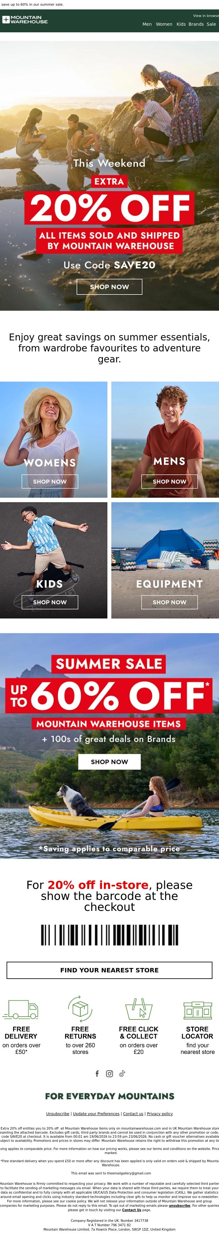 Email Design Inspiration from Mountain Warehouse, Extra 20% Off 🎉 Limited Time