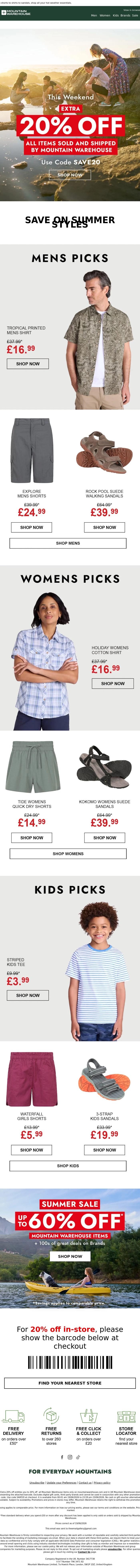 Email Design Inspiration from Mountain Warehouse, Extra 20% Off | Summer Must-Haves 🌞