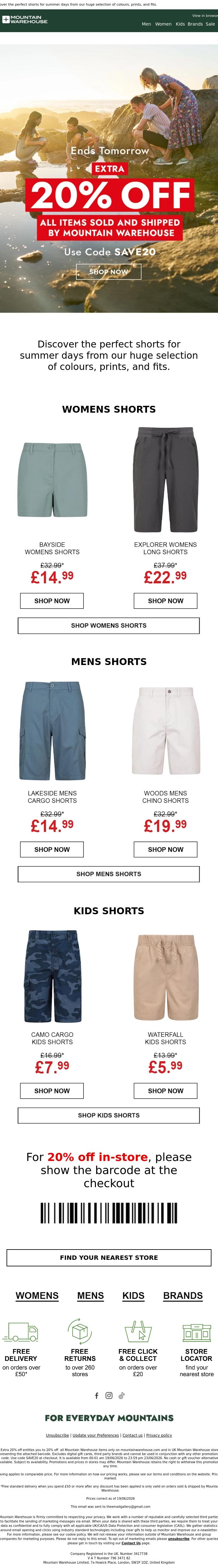 Email Design Inspiration from Mountain Warehouse, Extra 20% Off | Save on Shorts