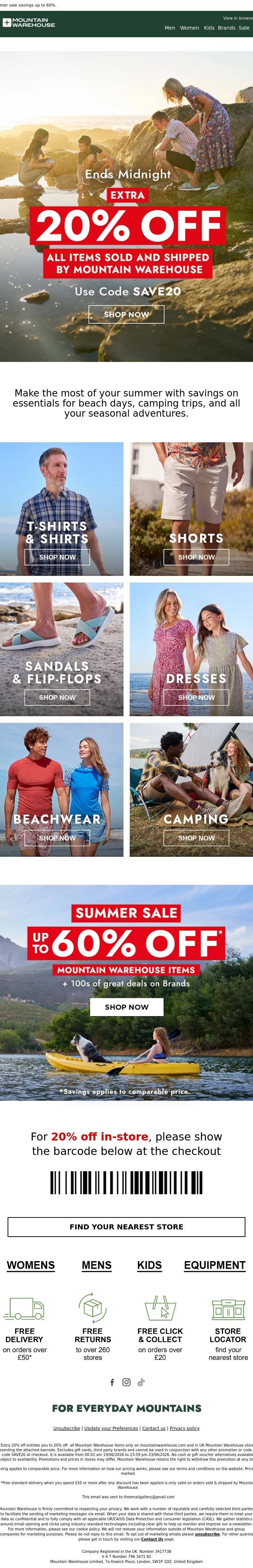 Email Design Inspiration from Mountain Warehouse, Extra 20% off Ends Today! Online & In-Store
