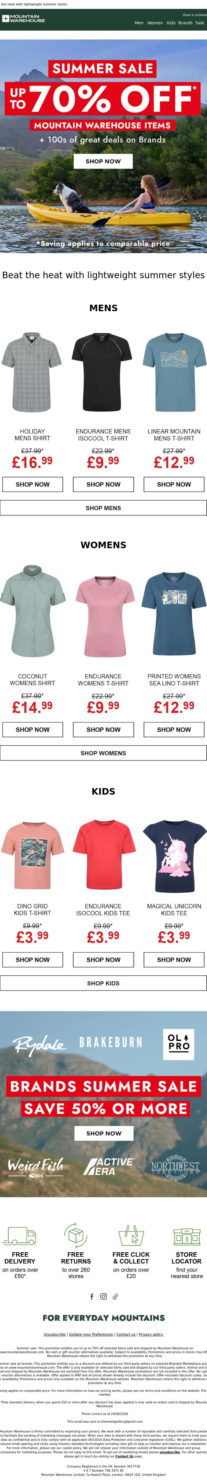 Email Design Inspiration from Mountain Warehouse, Summer sale up to 70% off 🌞