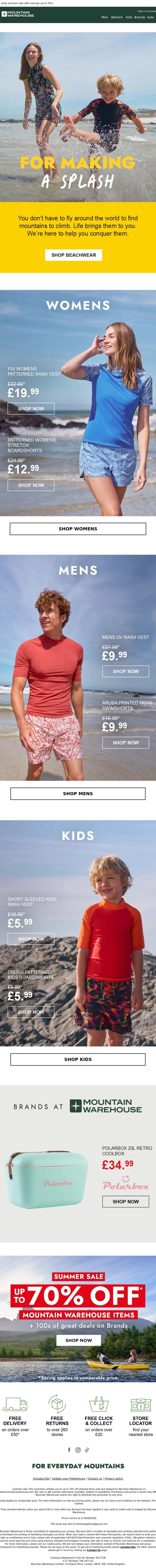 Email Design Inspiration from Mountain Warehouse, For Making a Splash | Beach-Ready Styles 🏖