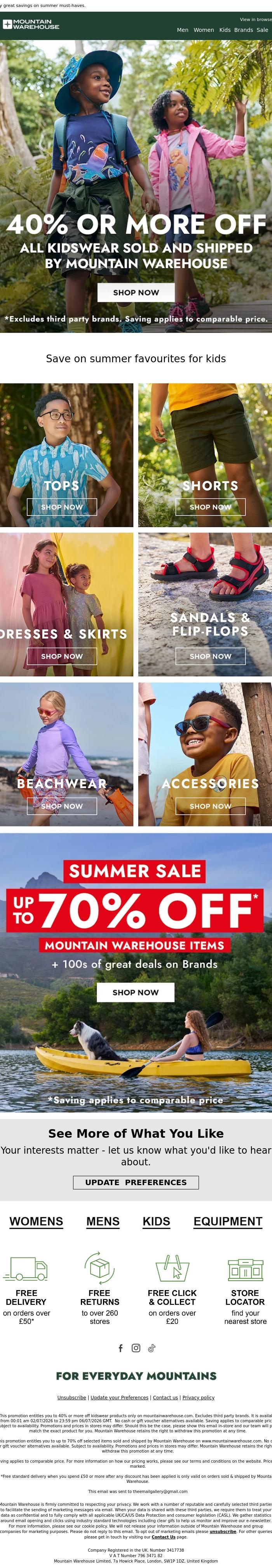 Email Design Inspiration from Mountain Warehouse, 40% or More off Kidswear Now On!