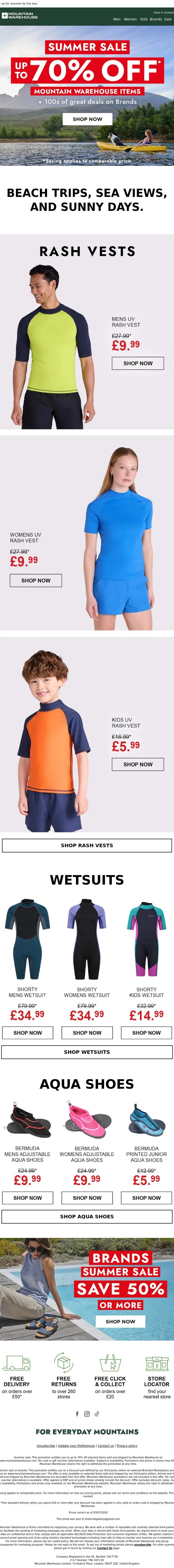 Email Design Inspiration from Mountain Warehouse, Summer Sale up to 70% Off 🌞 Save on Beachwear