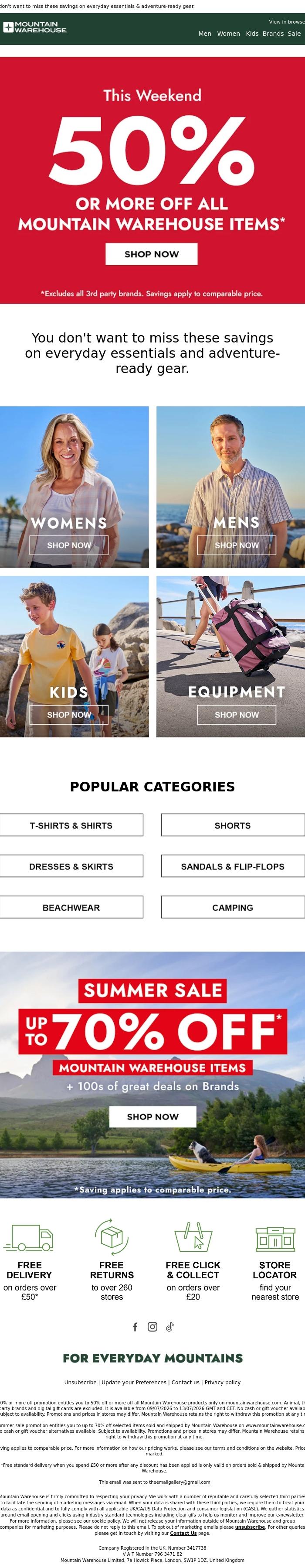 Email Design Inspiration from Mountain Warehouse, Save 50% or More Now - Limited Time Only!