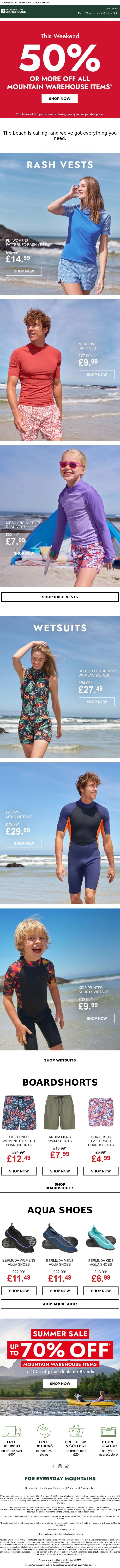 Email Design Inspiration from Mountain Warehouse, Enjoy 50% or More off | The Beach Is Calling 🌊