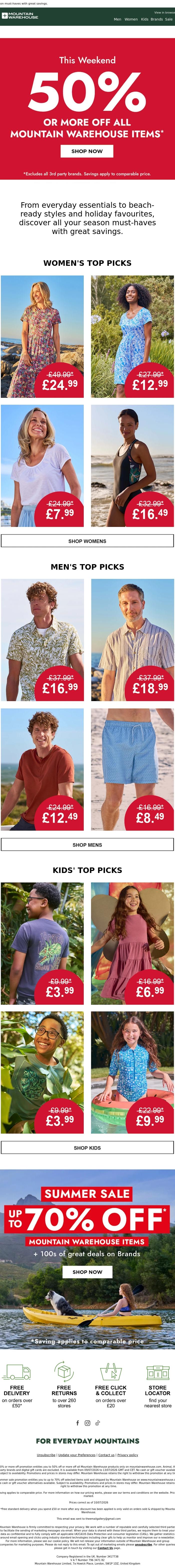 Email Design Inspiration from Mountain Warehouse, 50% or More Off | Summer Picks