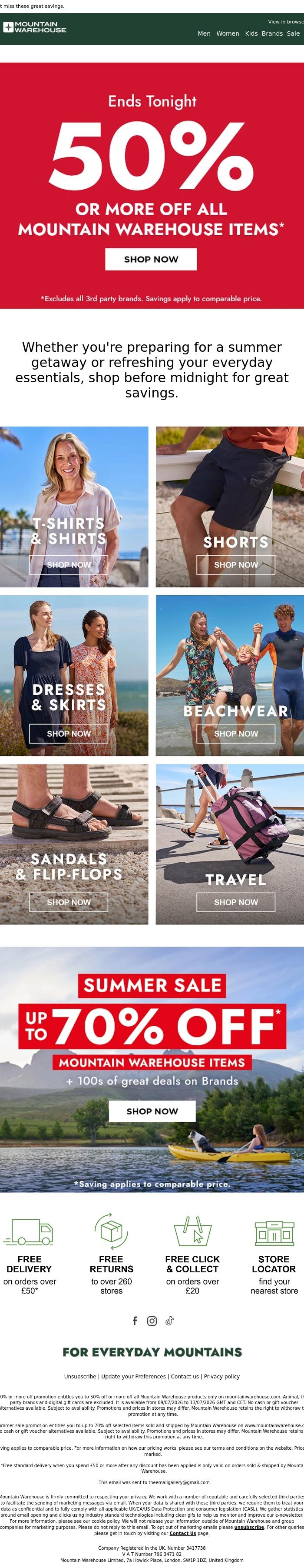 Email Design Inspiration from Mountain Warehouse, Hurry! 50% or More off Ends Tonight