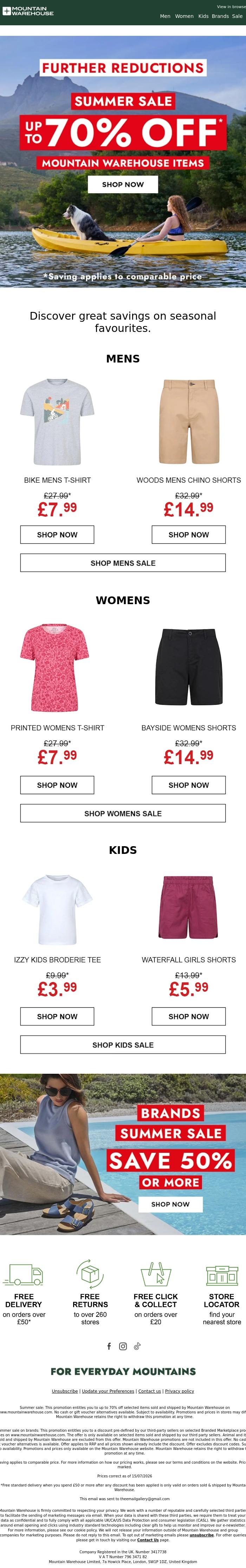 Email Design Inspiration from Mountain Warehouse, Up to 70% off Summer Sale