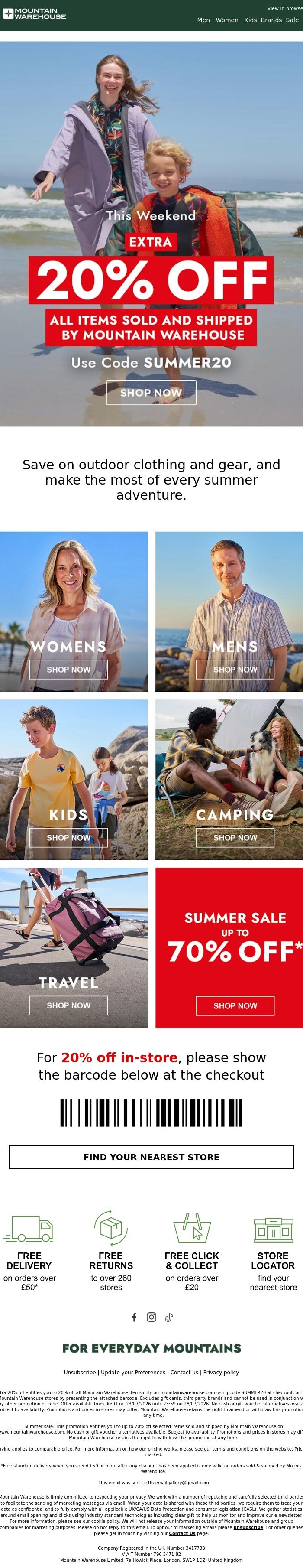 Email Design Inspiration from Mountain Warehouse, Extra 20% Off 🎉 Online & In-Store