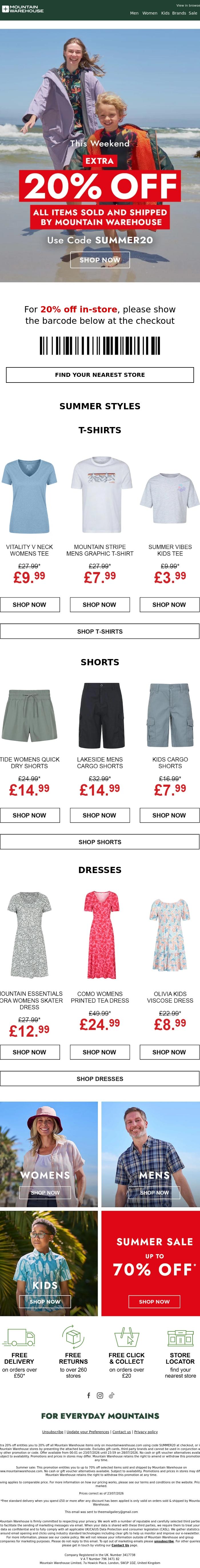 Email Design Inspiration from Mountain Warehouse, Extra 20% Off | Summer Styles 🌞