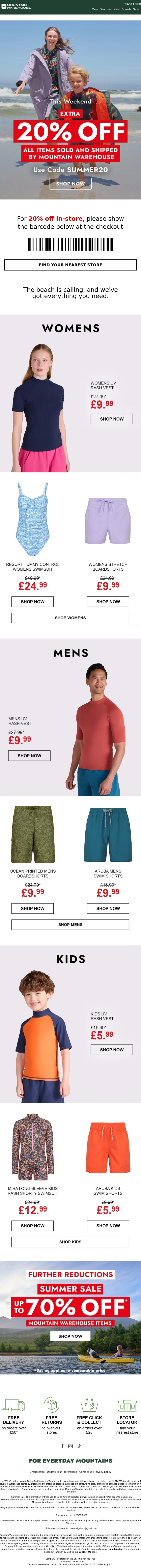 Email Design Inspiration from Mountain Warehouse, Save on Beachwear | Extra 20% Off
