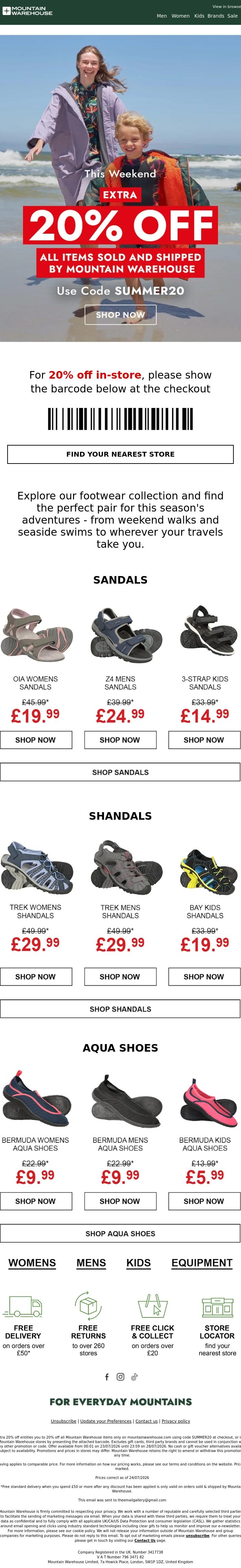 Email Design Inspiration from Mountain Warehouse, Extra 20% Off | Summer Footwear