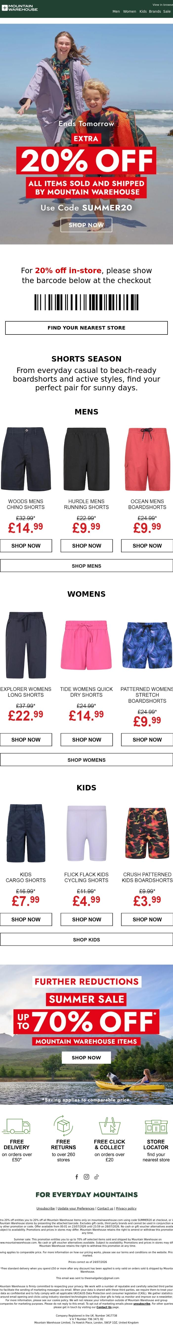 Email Design Inspiration from Mountain Warehouse, Extra 20% Off Ends Tomorrow 🚨