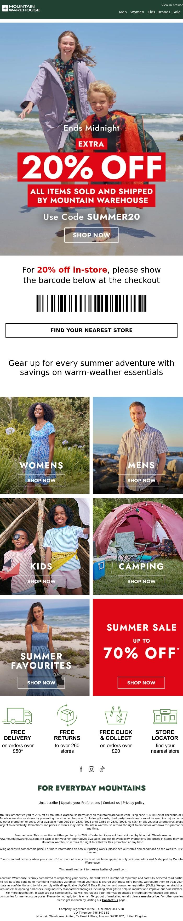 Email Design Inspiration from Mountain Warehouse, Extra 20% Off Ends Tonight