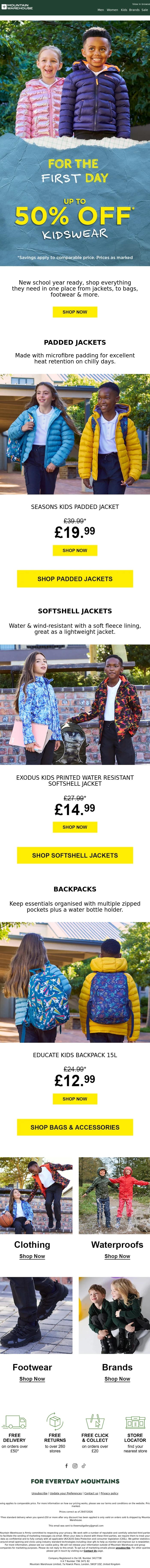 Email Design Inspiration from Mountain Warehouse, Back to School 🎒 Up to 50% off Kidswear