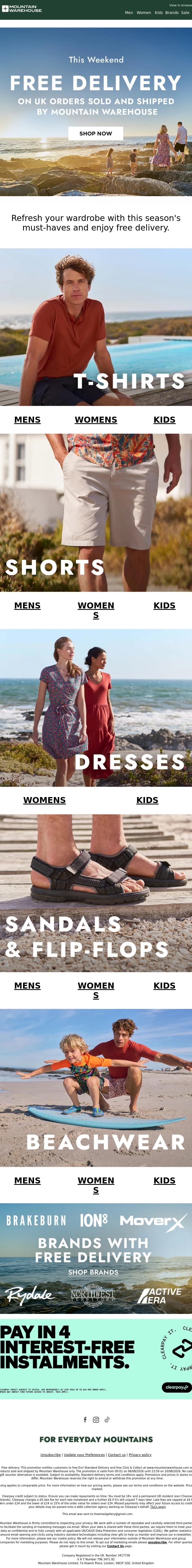 Email Design Inspiration from Mountain Warehouse, Free Delivery Now On!