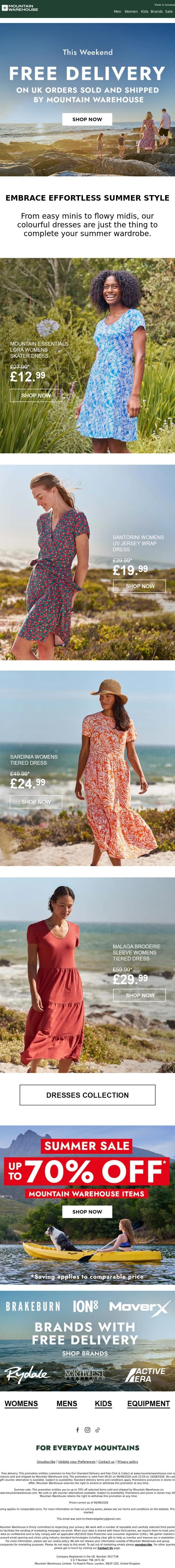 Email Design Inspiration from Mountain Warehouse, Summer Dresses | Enjoy Free Delivery
