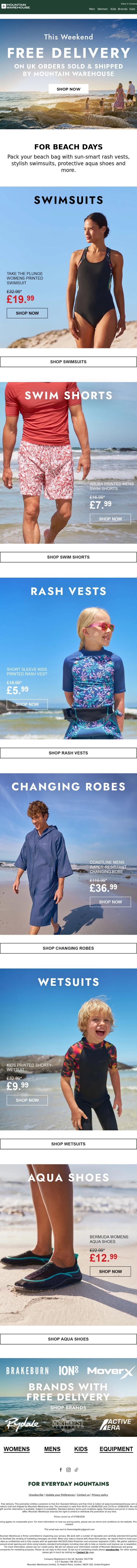Email Design Inspiration from Mountain Warehouse, Beach Day Picks 🌞 Free Delivery This Weekend