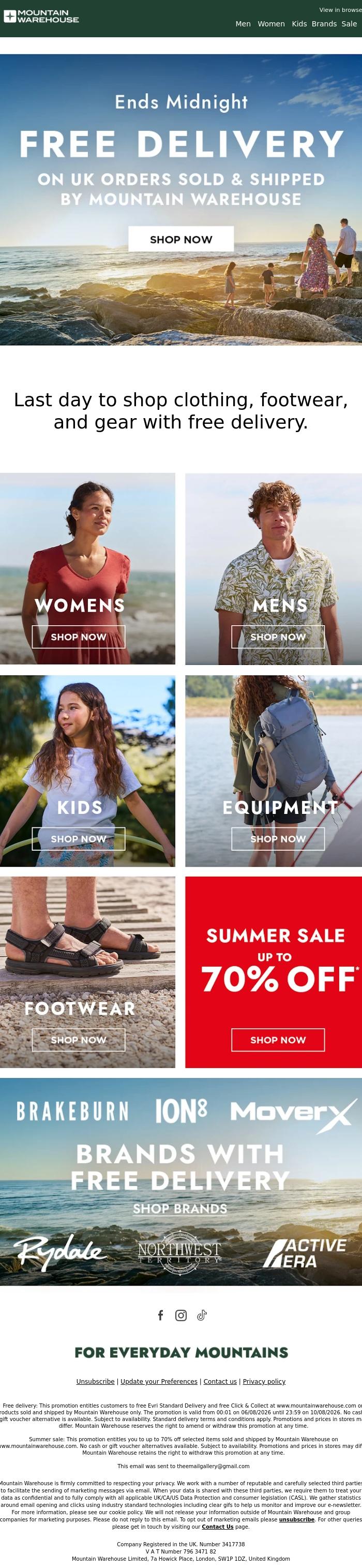 Email Design Inspiration from Mountain Warehouse, Free Delivery Ends Tonight 🚚