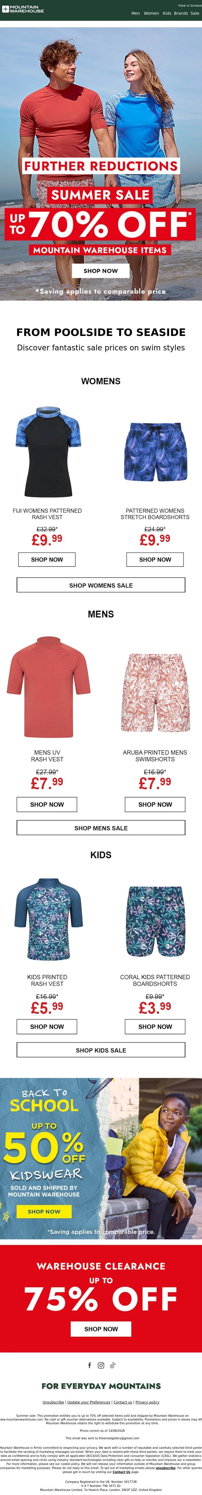 Email Design Inspiration from Mountain Warehouse, Up to 70% Off Beach in Our Summer Sale 🐚