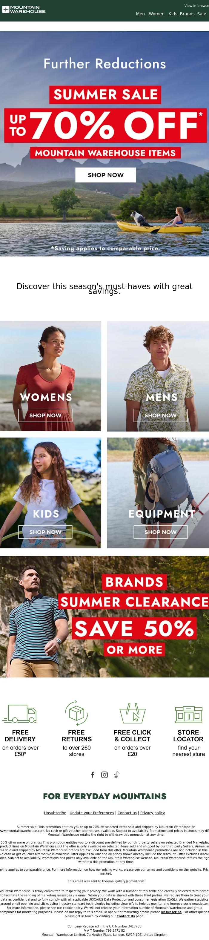 Email Design Inspiration from Mountain Warehouse, Up to 70% Off! | Further Reductions 📢