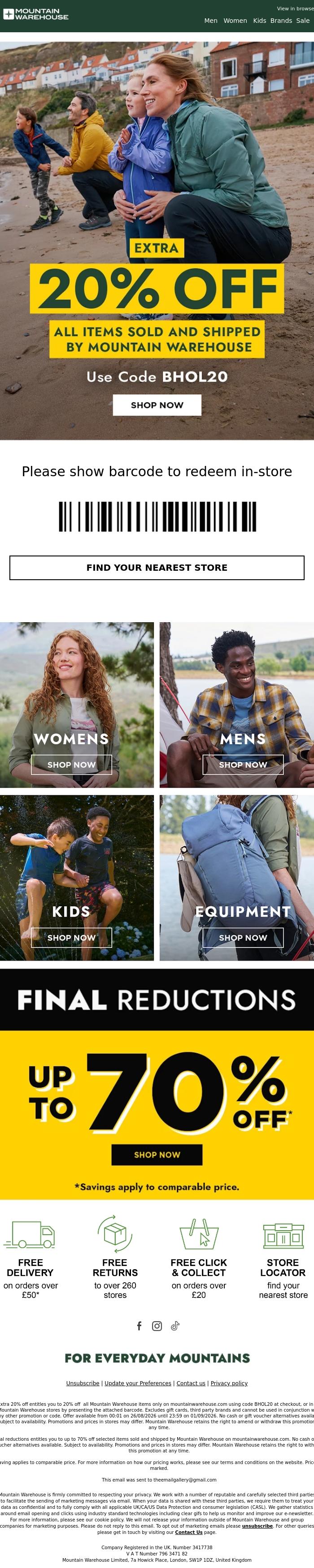 Email Design Inspiration from Mountain Warehouse, 🚨 Extra 20% Off | In-Store and Online