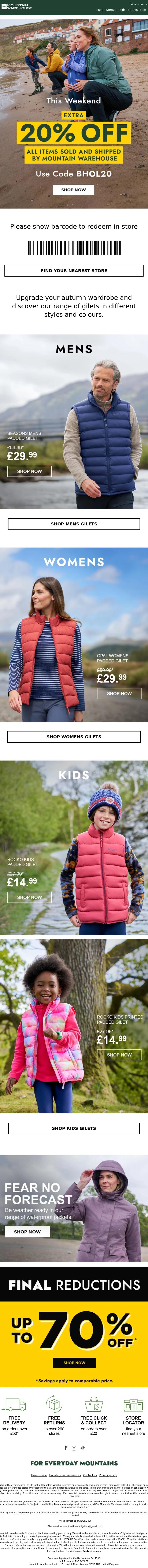 Email Design Inspiration from Mountain Warehouse, Extra 20% Off | The Gilet Edit
