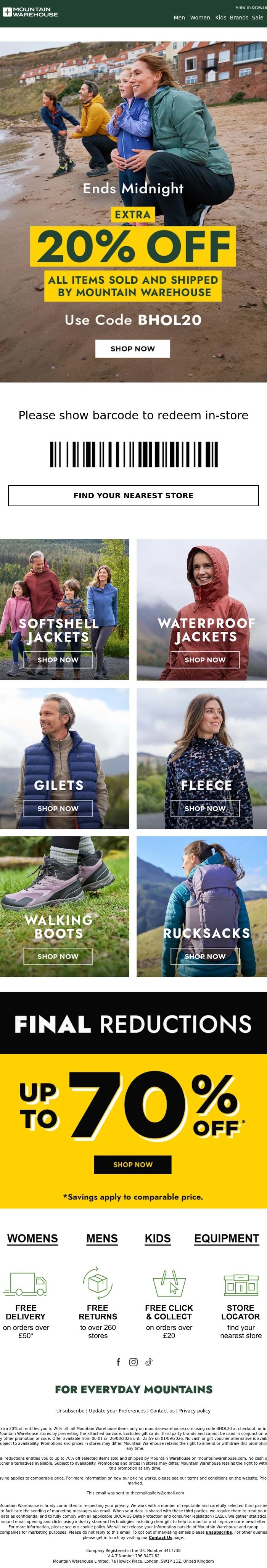 Email Design Inspiration from Mountain Warehouse, Extra 20% Off Ends Tonight 🚨