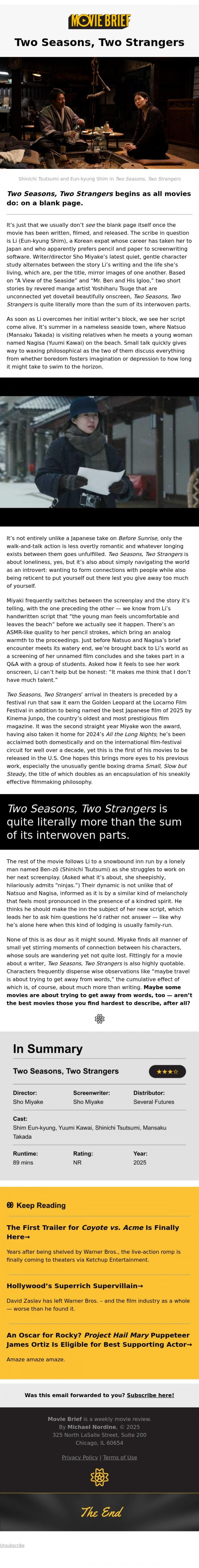 Email Design Inspiration from Movie Brief, #89: Two Seasons, Two Strangers