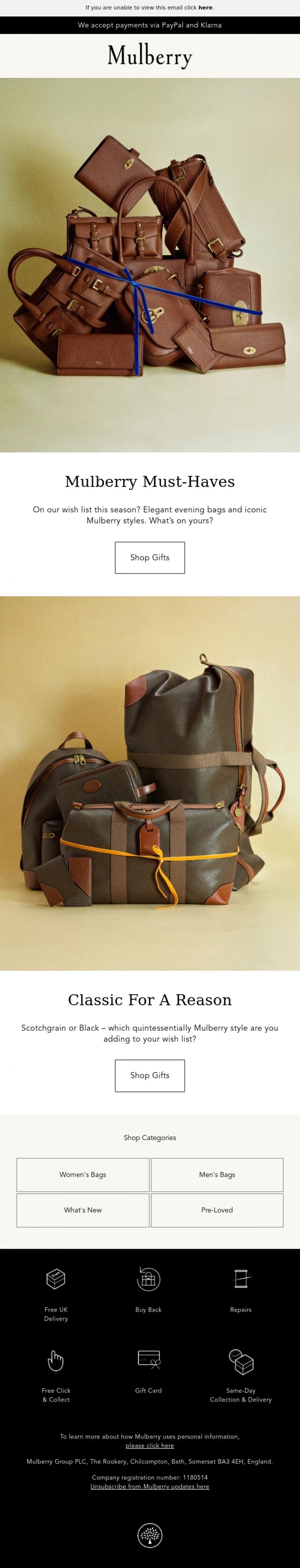Email Design Inspiration from Mulberry, Bestsellers you need on your wish list