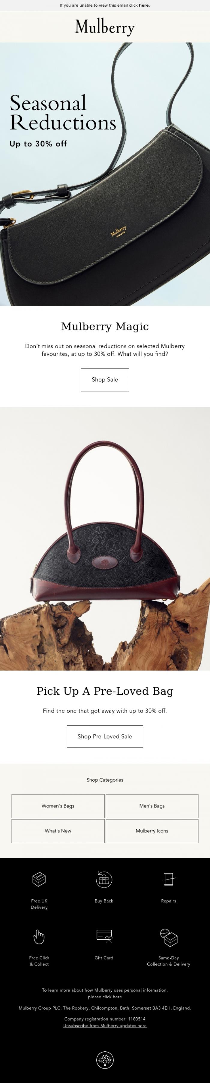 Email Design Inspiration from Mulberry, Bag seasonal reductions at Mulberry