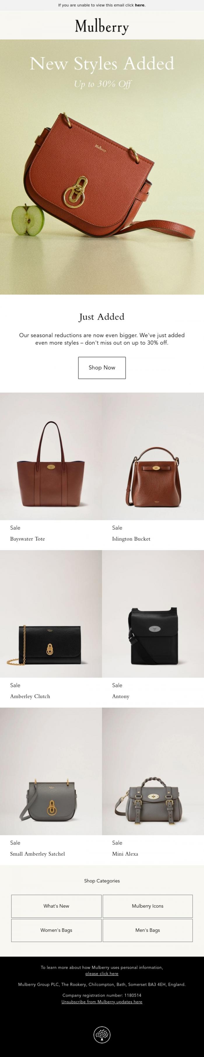 Email Design Inspiration from Mulberry, Just added: new seasonal reductions