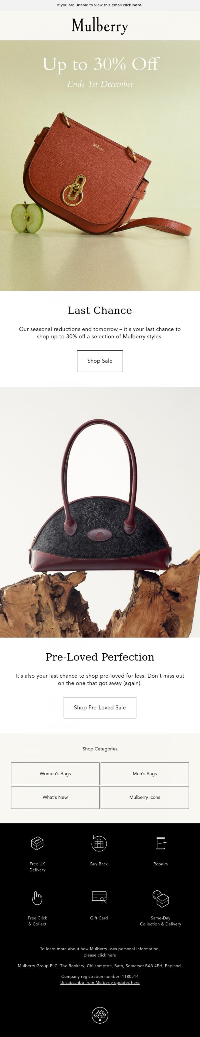 Email Design Inspiration from Mulberry, Seasonal reductions end tomorrow