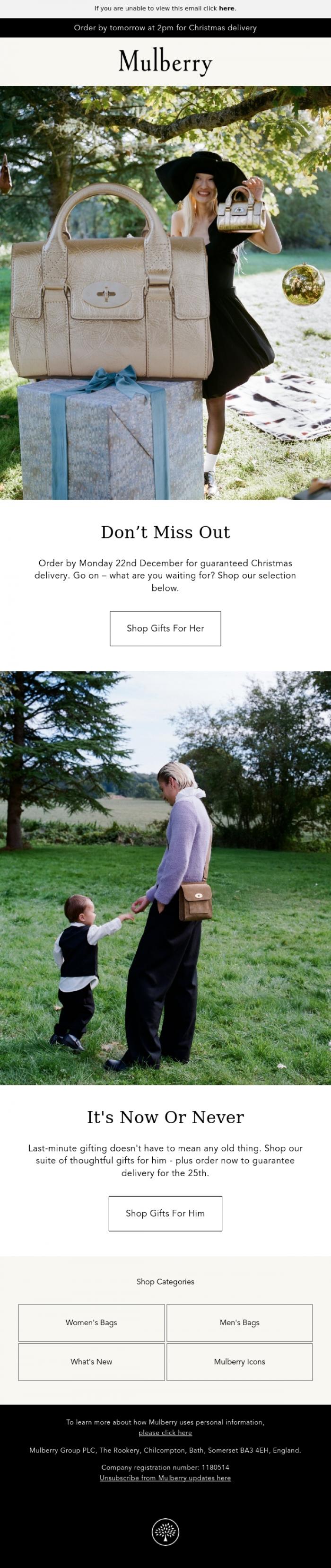 Email Design Inspiration from Mulberry, Last chance for Christmas delivery