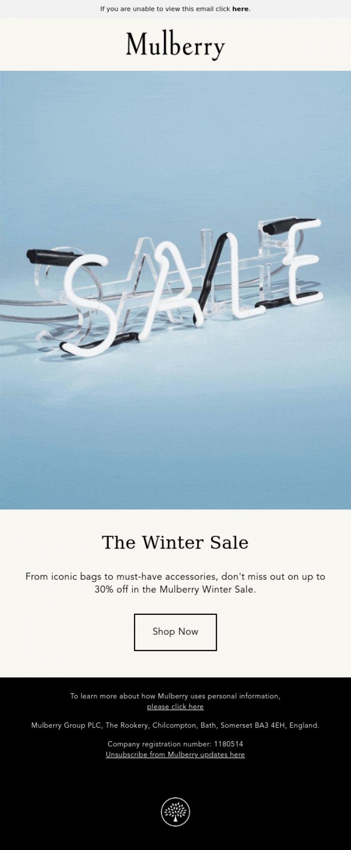 Email Design Inspiration from Mulberry, Our winter sale starts now