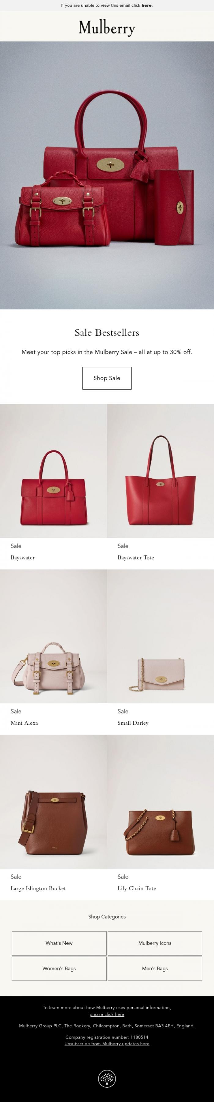 Email Design Inspiration from Mulberry, Selling fast: your top sale picks