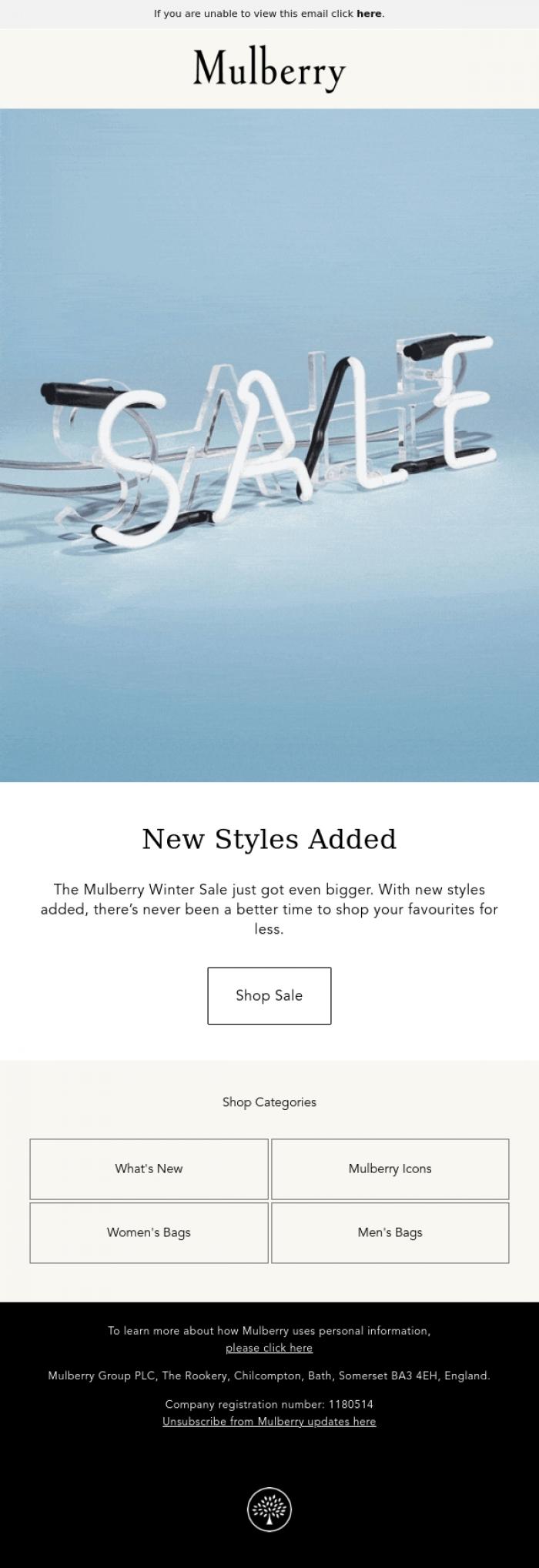 Email Design Inspiration from Mulberry, New styles added to the Winter Sale