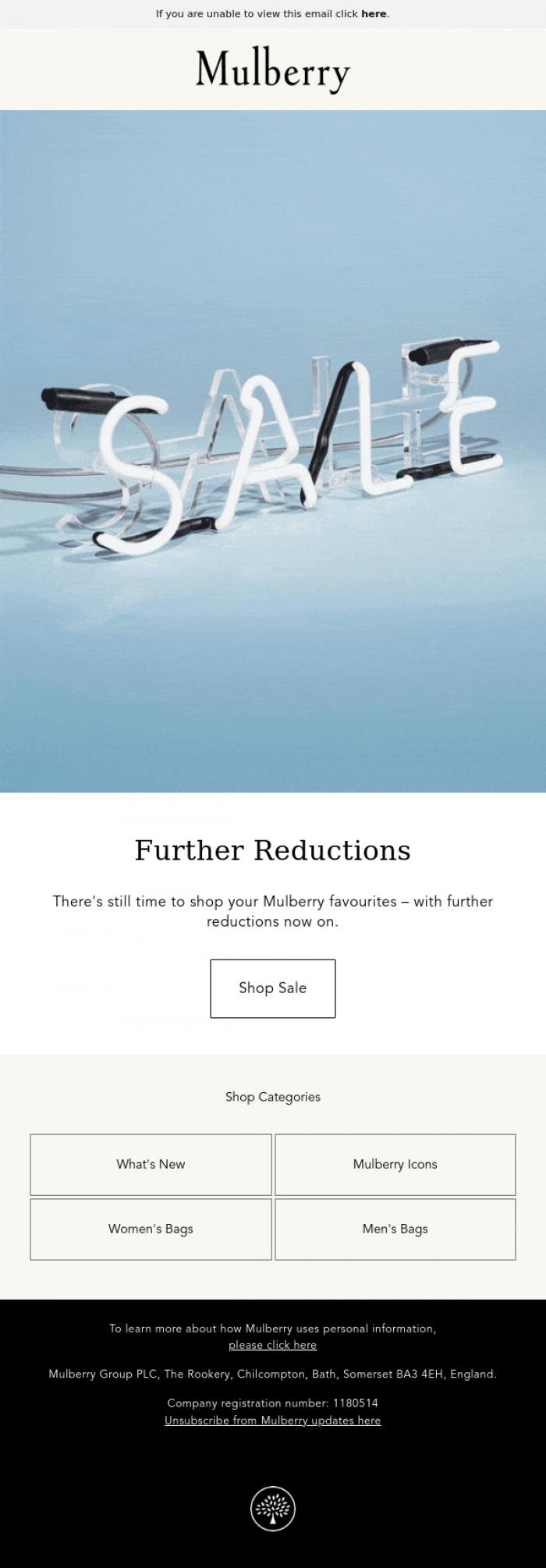 Email Design Inspiration from Mulberry, Winter Sale: Further Reductions