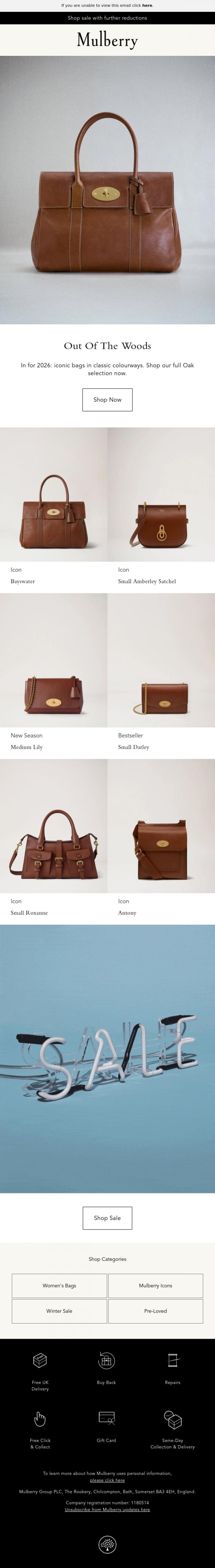 Email Design Inspiration from Mulberry, Iconic bags, classic colour