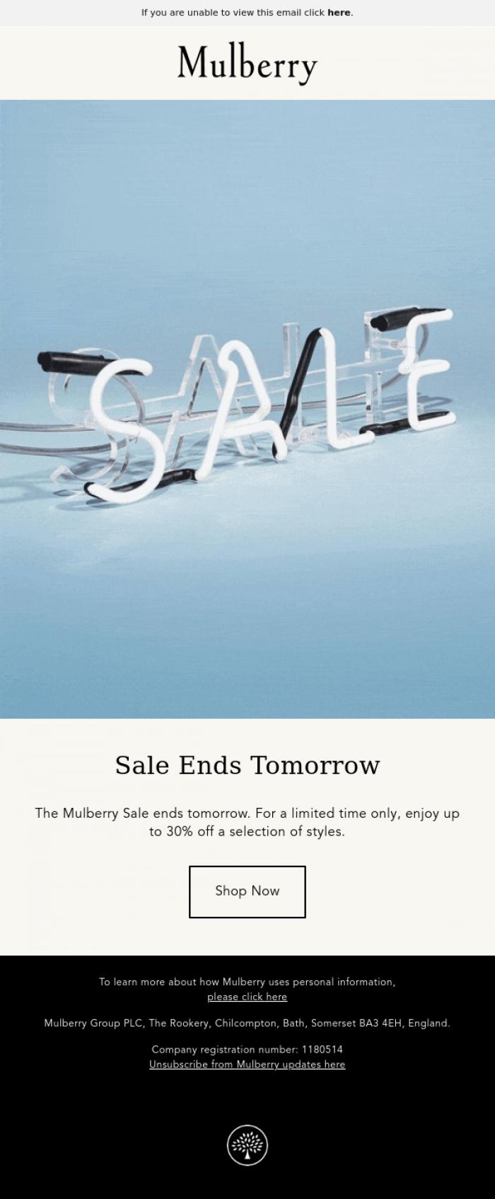 Email Design Inspiration from Mulberry, The Mulberry Sale ends tomorrow