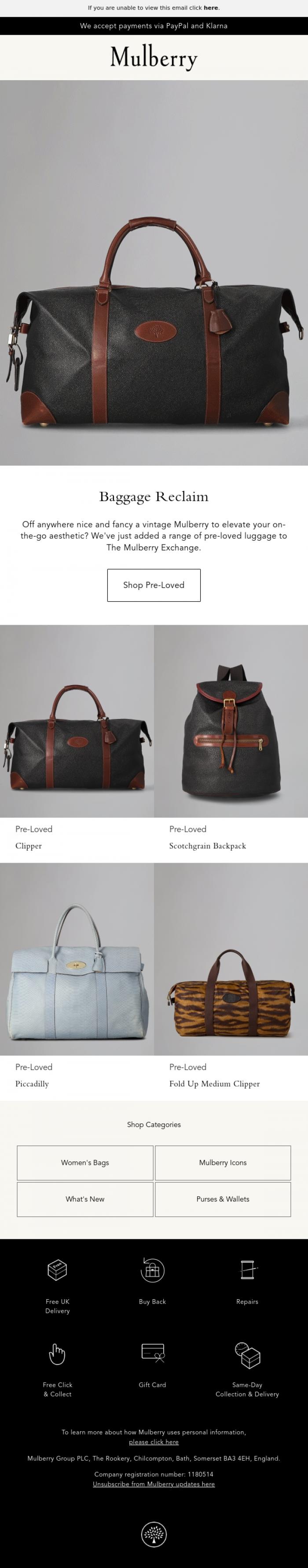 Email Design Inspiration from Mulberry, Baggage reclaim: new pre-loved luggage
