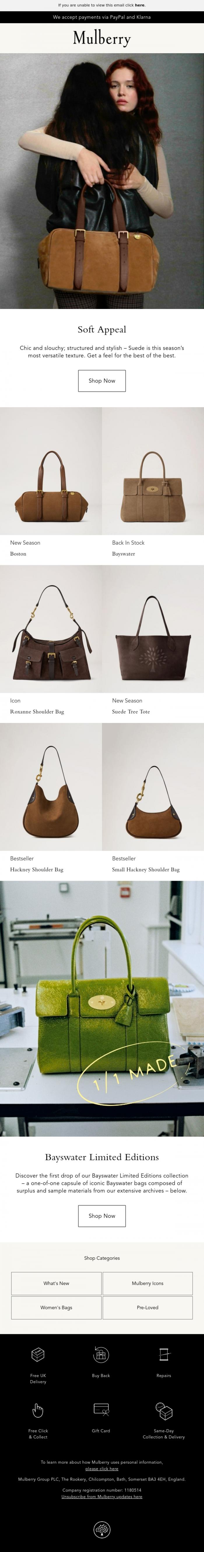 Email Design Inspiration from Mulberry, The timeless appeal of a suede bag