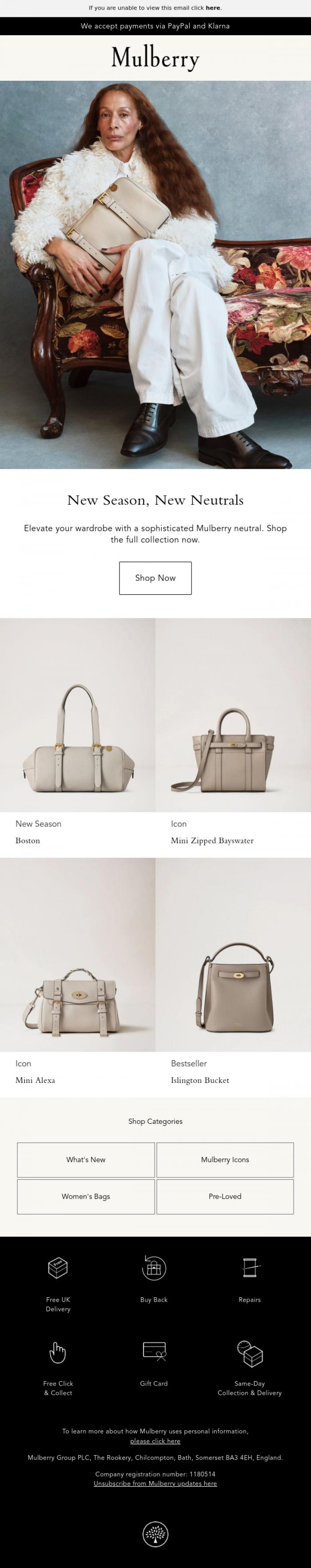 Email Design Inspiration from Mulberry, Elevated neutrals for the season ahead
