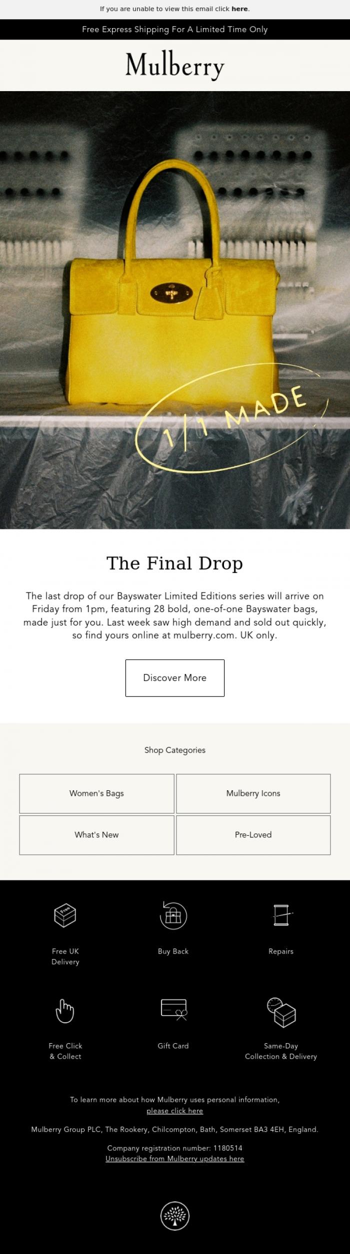 Email Design Inspiration from Mulberry, The last Bayswater Limited Editions drop is here