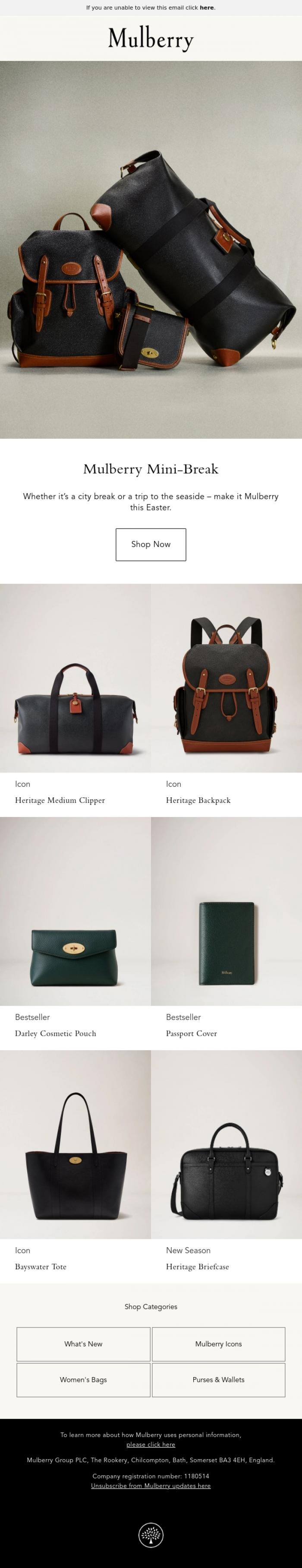 Email Design Inspiration from Mulberry, Getting away this Easter?