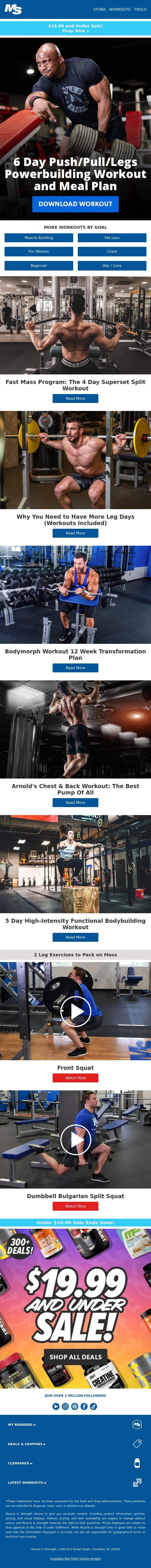 Email Design Inspiration from Muscle & Strength, 6 Day PPL Powerbuilding Split & Meal Plan
