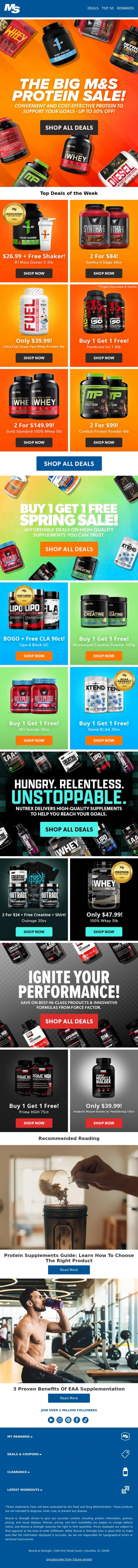 Email Design Inspiration from Muscle & Strength, Huge Protein Sale